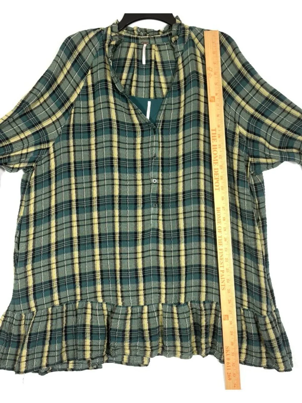 Free People XS Alexa Green Blue Plaid Tunic Mini Dress Camisole Boho Long Sleeve